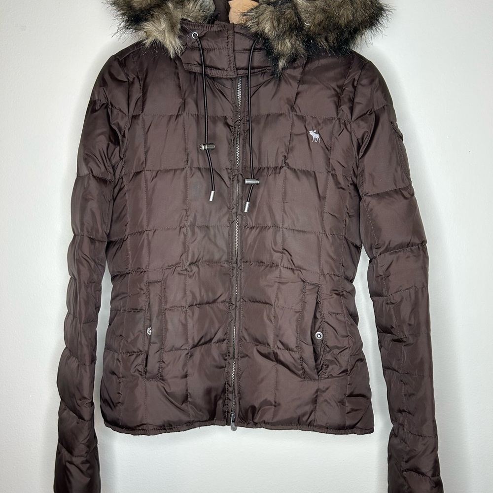 Abercrombie & Fitch Brown Puffer Jacket with Faux Fur Hood & Lining size L 20x24